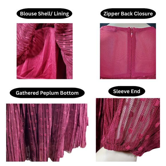 B.K.E. Boutique Burgundy Lace-Up Peplum Blouse | Sheer Dot Sleeves | Women’s M - Picture 6 of 7